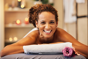 Image showing Spa, wellness and woman in massage and body therapy portrait, happy and relax with stress relief and self care. Happiness, luxury and holistic treatment, health and relaxation with massage therapy.