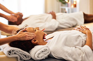 Image showing Couple, massage and spa wellness for headache and stress to feel zen with beauty and skin care. Relax hands on black couple sleeping client with facial, skincare healing and luxury face treatment