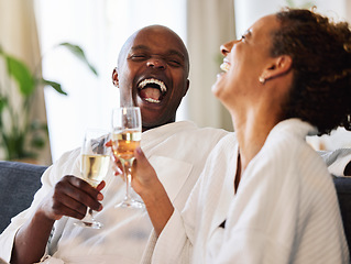 Image showing Love, black couple and celebrate with champagne, for vacation, honeymoon and anniversary happy together. Happiness, man and woman with wine glass, drink and laugh for relationship, relax and marriage