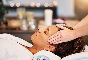 Image showing Head massage, woman and relax at spa, facial wellness and luxury zen therapy, reiki and cosmetics skincare. Calm female face, forehead and cosmetology for peace, detox and dermatology at beauty salon