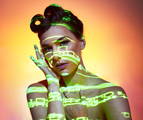 Image showing Neon, color lights and makeup woman in studio for creative cosmetics, fashion and hair mockup with matrix, futuristic or gen z marketing. Disco, creativity and art model with unique portrait makeup