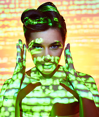 Image showing Frame, neon lights and makeup of woman in studio on gradient background. Photo frame, creative cosmetics or futuristic fashion portrait of female model, matrix or gen z, art or cyberpunk aesthetics