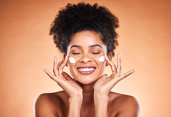 Image showing Black woman, skincare and sunscreen lotion for wellness, health and happy smile. Mockup for natural beauty, cosmetic products and wellness cream of facial model for skin, cleaning and moisturizing