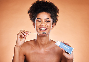 Image showing Black woman, dental hygiene and toothbrush with toothpaste for brushing teeth and smile. Oral health, African American female and lady clean mouth, fresh breath and healthy on brown studio background