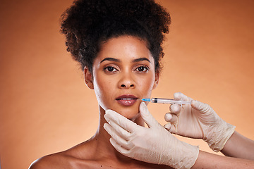 Image showing Plastic surgery, botox and portrait of woman with lip filler for beauty, aesthetic goals and face augmentation. Black model, hyaluronic acid and hands of medical doctor with dermal filler injection