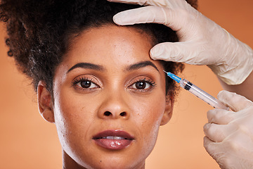 Image showing Syringe, skincare and black woman with plastic surgery, medical and collagen injection from doctor. Portrait of a skin wellness, health and dermatology model patient with eyebrow and wrinkle filler