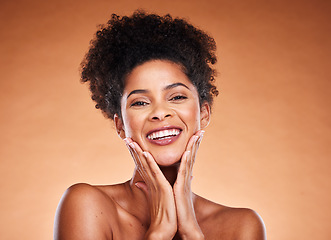 Image showing Black woman, teeth and smile for skincare facial, cosmetics or makeup against studio background. Portrait of female model smiling in satisfaction for oral, mouth or dental hygiene in beauty treatment