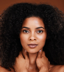 Image showing Skincare, beauty and portrait of a black woman in a studio for a natural, organic and healthy skin treatment. Health, wellness and headshot of African woman with a facial routine by brown background.