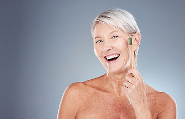 Image showing Dental, wellness and portrait of old woman with toothbrush in hand on gray background studio. Eco friendly, oral hygiene and senior female with bamboo brush for clean teeth, dental care and dentist