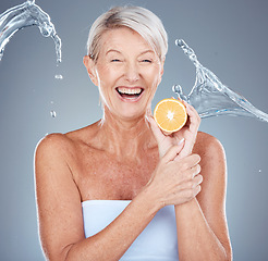 Image showing Face, lemon and skincare senior woman in studio portrait with water splash mockup for facial, antiaging glow and healthy food cosmetics. Elderly model, vitamin c lime fruit and dermatology skin care