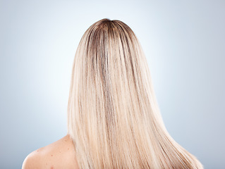 Image showing Hair, beauty and keratin with a model woman in studio on a gray background to promote a haircare product. Salon, shampoo and treatment with long, strong or healthy hair at the back of a female head