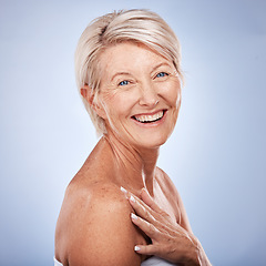 Image showing Senior, skincare and beauty portrait of a elderly woman feeling happy about skin health facial. Model face with cosmetic, dermatology and smile about collagen, body wellness and glow with happiness
