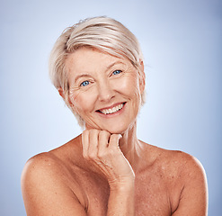 Image showing Skincare, natural and beauty senior woman in studio headshot portrait for wellness, dermatology or cosmetics health. Happy, smile and face of old woman or elderly model with antiaging cosmetic facial