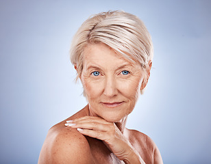 Image showing Face portrait, skincare or senior woman for beauty, natural makeup or health in studio. Model, wellness or facial skin healthcare with elder from Australia for aesthetic cosmetic, anti aging or botox