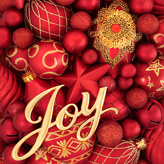 Image showing Christmas Joy Sign and Red Gold Bauble Decorations 