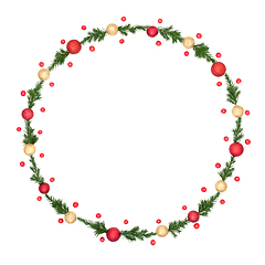 Image showing Christmas Red and Gold Winter Holly Berry Fir Wreath Decoration