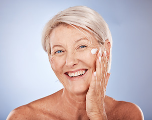 Image showing Skincare, smile and senior woman with cream on face, anti aging moisturizer treatment for wrinkles. Health, wellness and relax portrait of happy mature lady for skin care facial and healthy lifestyle