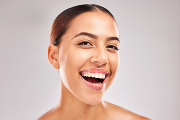 Image showing Smile, portrait and teeth black woman in studio for dental, dentist and mouth wellness, healthcare and insurance marketing. Girl model with face glow, cosmetics and happy with teeth whitening results