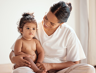 Image showing Care, love and mother with a baby with support, trust and peace together in their house. Happy, smile and girl child with mom to relax in happiness and calm in the morning in their family home