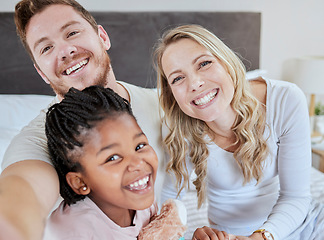 Image showing Love, adoption and selfie portrait of happy family mother, father and black child relax in home bedroom for morning fun. Happiness, smile and photo memory of modern diversity people, parents and kid