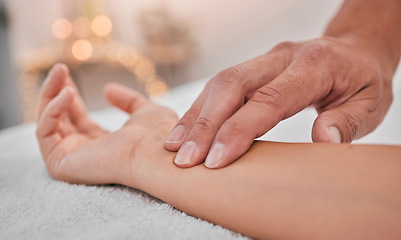 Image showing Spa, wellness and hands massage wrist for health, relaxation and pressure relief service zoom. Acupressure, physical therapy and relaxing luxury treatment with professional beauty salon therapist.