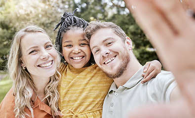 Image showing Adoption, family and with black girl for selfie, smile and happy together outdoor for bonding. Love, foster parents and daughter with mother, father and loving for break, holiday and happiness.