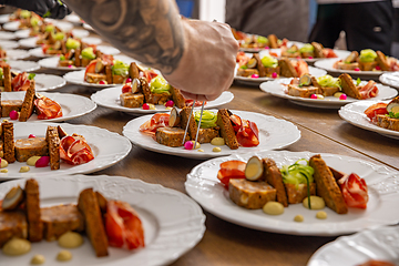 Image showing Chef decorating a starter plate