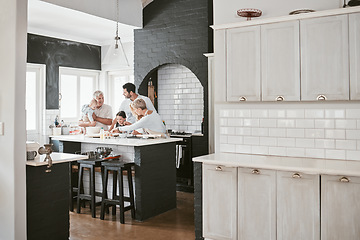 Image showing Big family, baking and learning together in kitchen for fun, bonding and quality time in home. Parents, grandparents and kids cooking recipe with happy family generations, support and kitchen counter