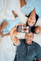 Image showing Black family, happy or phone selfie in bedroom for love, relax or post it on social media app in house. Portrait, family photo or parents and children on bed with smartphone, tech or screen top view