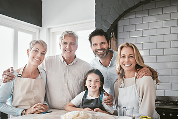 Image showing Cooking, help and portrait of big family in kitchen for happy, learning and food together. Support, smile and chef with parents teaching child baking skills with grandparents at home for cake dessert