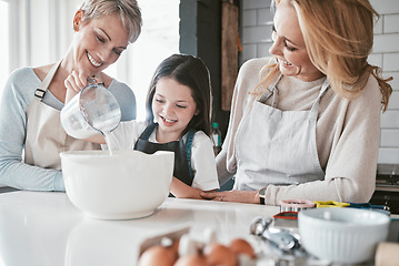 Image showing .Cooking, kitchen and grandmother with child teaching, learning and helping together for mothers day cake, cookies or breakfast. Bonding family, mom and kid baking dessert with eggs and food at home.