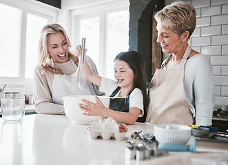 Image showing Mom, grandma and child baking in kitchen, happy generations of family teaching and learning in home. Love, support and home cooking together, happy girl with mother and grandmother bonding with food.