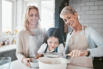 Image showing Happy family cooking of child, mother and grandmother teaching youth kid baking, food prep or prepare wheat flour ingredient. Love, female generation and kitchen bonding fun for girl learning to bake