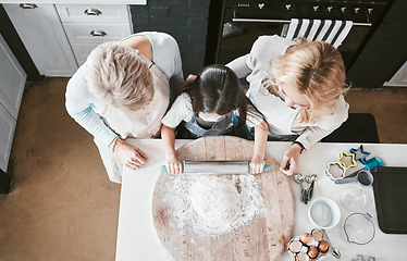 Image showing .Top view, baking and girl learning with family, having fun or bonding. Education, cooking and chef kid in kitchen to bake delicious food, egg and cake recipes together with mother and grandmother.