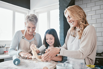 Image showing Family, baking and cooking together in a home kitchen with a mother, grandmother and child learning about food, cookies or pastry. Woman and senior teaching girl chef or baker to bake a cake or pizza