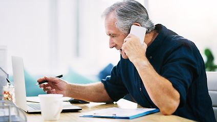 Image showing Phone call, stress and mature man with laptop and budget report, problem or glitch in fintech ux. Home finance, crm and online payment planning, man in retirement on phone with advisory helpline.