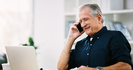 Image showing Laptop, phone call and business man in office for corporate communication, social networking and online company sales negotiation. Senior professional businessman talking on cellphone voip technology