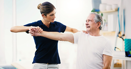 Image showing Physiotherapy, consultant and exercise with a woman physio and senior man patient in a clinic for rehabilitation. Fitness, healthcare and wellness with a mature male in session with a physiotherapist