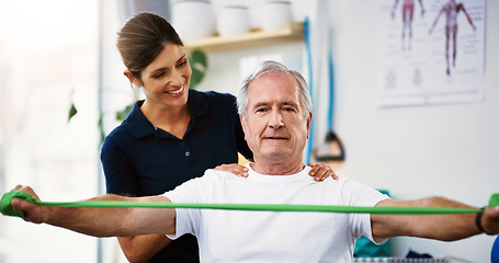 Image showing Fitness, rehabilitation and physiotherapy with a senior man patient and female therapist at work in a clinic. Health, wellness and consultant with a woman physio working with a male on recovery