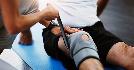 Image showing Rehabilitation, woman therapist or knee brace in physiotherapy with senior man patient, knee pain or consulting expert. Physiotherapist, physical therapy and healthcare worker help, support or advice