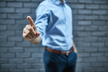 Image showing Closeup businessman hands click on virtual connection to user interface, login and password for network system, digital future and innovation in city. Man hands press invisible technology information