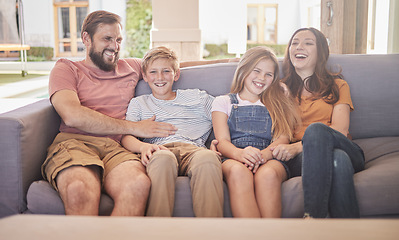 Image showing Happy, family and relax on a sofa with kids and parents laughing in a living room together, cheerful and content. Love, happy family and children share joke with mother and dad on couch in Australia