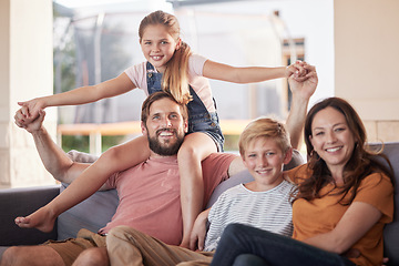 Image showing Family, love and relax on a sofa by children with parents in living room, happy and smile while bonding in their home. Portrait, happy family and kids with mom and dad in lounge, cheerful and playful