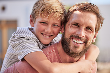 Image showing Happy family, portrait and father with son in a garden, relax and bond while playing, laughing and having fun at home, Face, smile and parent with child in backyard, enjoying vacation day in Canada