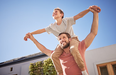 Image showing Family, love and airplane game with father and son in a garden, relax and having fun against a blue sky background. Happy, parent and child playing a game in a backyard, laughing and enjoy outdoors