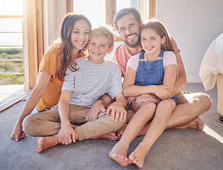 Image showing Relax, happy and portrait of family on floor of bedroom for weekend, bonding and affectionate. Smile, quality time and support with parents and children at home for youth, lifestyle and having fun