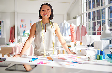 Image showing Portrait, fashion and designer with paper, drawing or sketch while planning style, tailor and texture in studio or workshop. Asian woman, smile and happy with career, small business or career vision