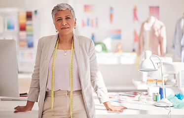 Image showing Fashion, designer and creative with portrait of business woman in workshop studio for tailor, management and textile industry. Factory, boutique and retail with employee with tape for luxury and idea