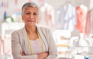 Image showing Creative, fashion and designer with portrait of business woman with arms crossed fo retail, tailor or textile industry. Factory, ecommerce and management with employee in workshop for studio boutique