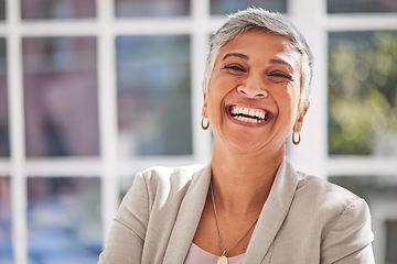 Image showing Happy, portrait and senior business woman in her modern corporate office in the urban city. Happiness, smile and professional elderly female manager standing in her company workplace in the town.